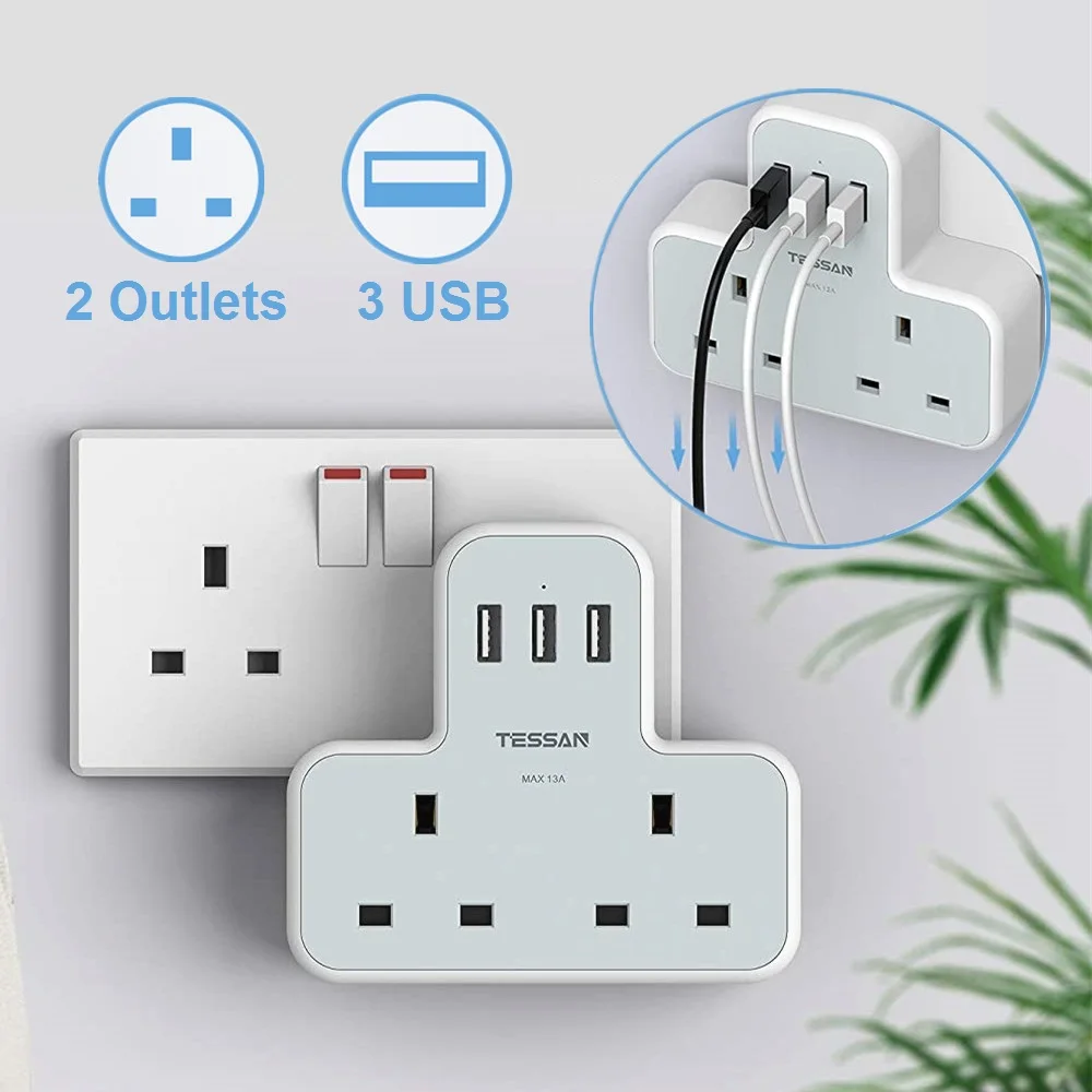 

TESSAN UK Electrical Plug Extender Adapter Compact Multi Sockets with 2 AC Outlets and 3 USB Ports 5 In 1 Wall Charger for Home