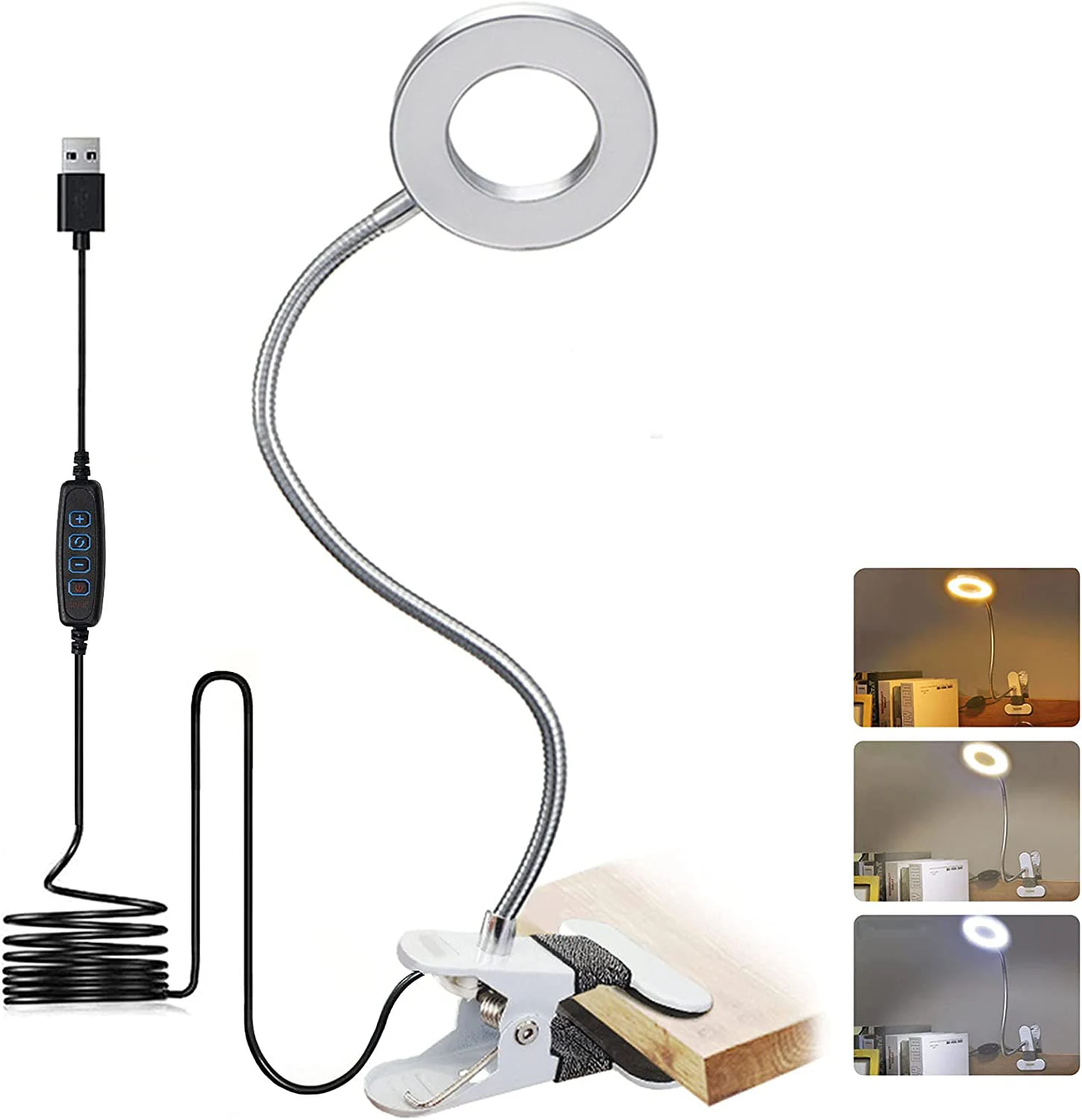 LED USB Book Light Clip Desk Lamp Reading Light with 3 Color Modes 10 Brightness Dimmer Flexible Gooseneck Bed Lamp