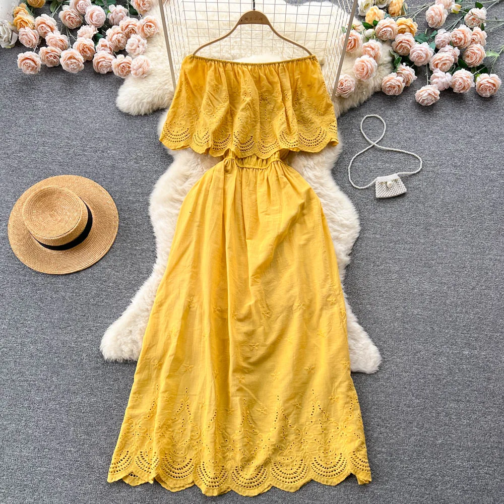 French Openwork Slash Neck Sweet A-line Dress Women's New Fashion Summer Lace High-waisted Solid Color Clothes Vestidos K867