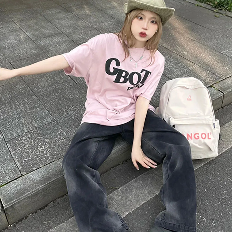 

YUQI Harajuku American Print Hip Hop T Shirt Women Summer Chic Tees Cotton Oversize Graphic Clothes Loose Casual Pullover Tops