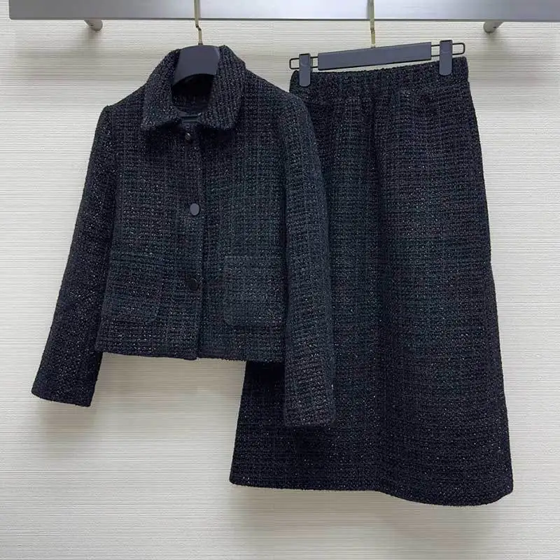 

Women Wool Tweed 2Piece Set Fashion Single Breasted Lapel Slim Jacket Coat Chic High Waist A-line Skirts Bright Silk Suit Female