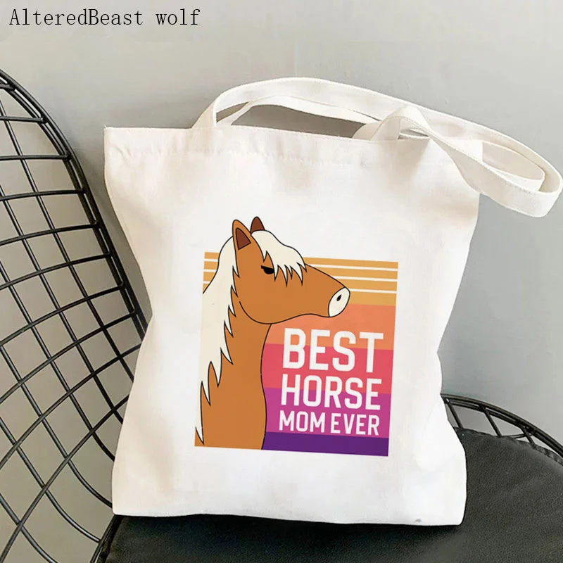 

Women Shopper bag Best Horse Mom Printed Kawaii Bag Harajuku Shopping Canvas Shopper Bag girl handbag Tote Shoulder Lady Bag