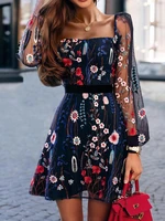 women fashion floral embroidery mesh long sleeve mini dress spring summer casual short dress