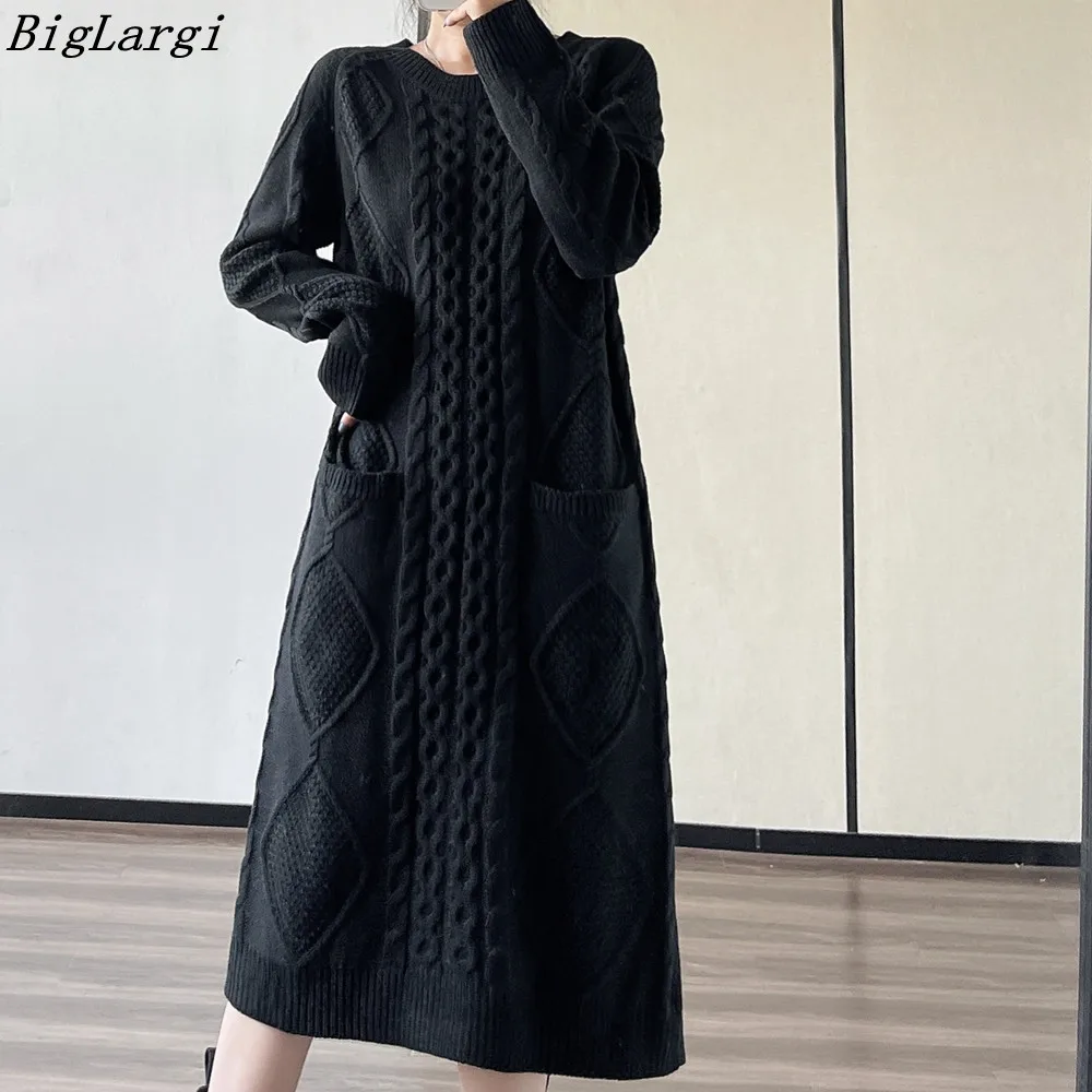 

Женское вязаное платье-свитер, однотонное винтажное платье свободного покроя с длинным рукавом, модель 2023 в Корейском стиле