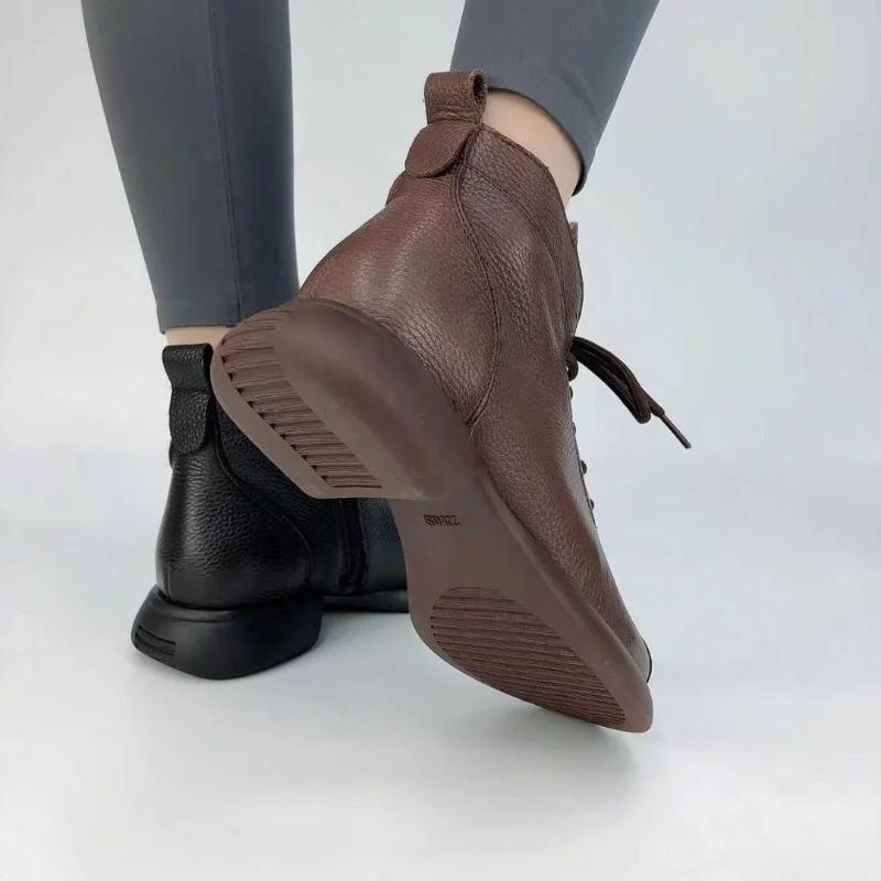 

Leather Women Short Boots Autumn Spring Round Toe Comfortable Soft Shoes Thick Sole Casual Non-slip Woman Boots Ladies Shoes