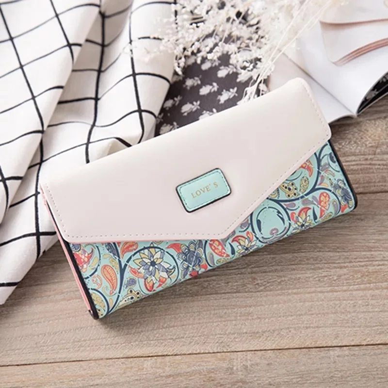 Women Envelope Floral Long Wallet Hit Color Tri-fold Flowers Printing Female Pu Leather Hasp Coin Purses Lady Clutch Phone Bag