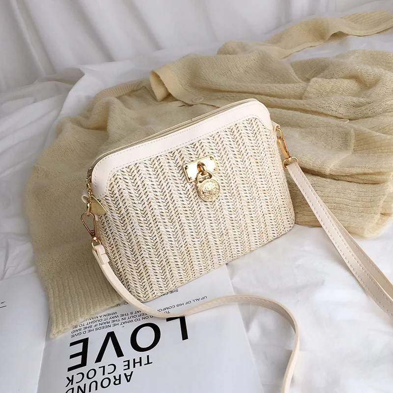 

Casual Chains Straw Bucket Bags 2022 Women Summer Messenger Bag Rattan Bags Beach Lady Travel Purses and Handbags Shoulder Bag