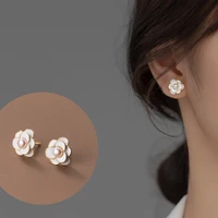 genuine 925 sterling silver elegant white camellia pearl stud earrings for women girls simple bridal jewelry for wedding
