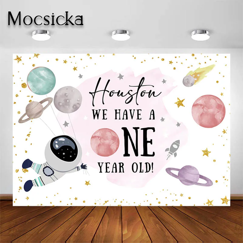 

Mocsicka 1st Birthday Party Backdrop for Girl Pink Space Astronaut Background Kids Portrait Photo Studio Prop Party Decor Banner