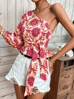 sexy one shoulder blouses woman 2022 summer fashion ruffles leanter sleeve shirts for women elegant lace up floral print top