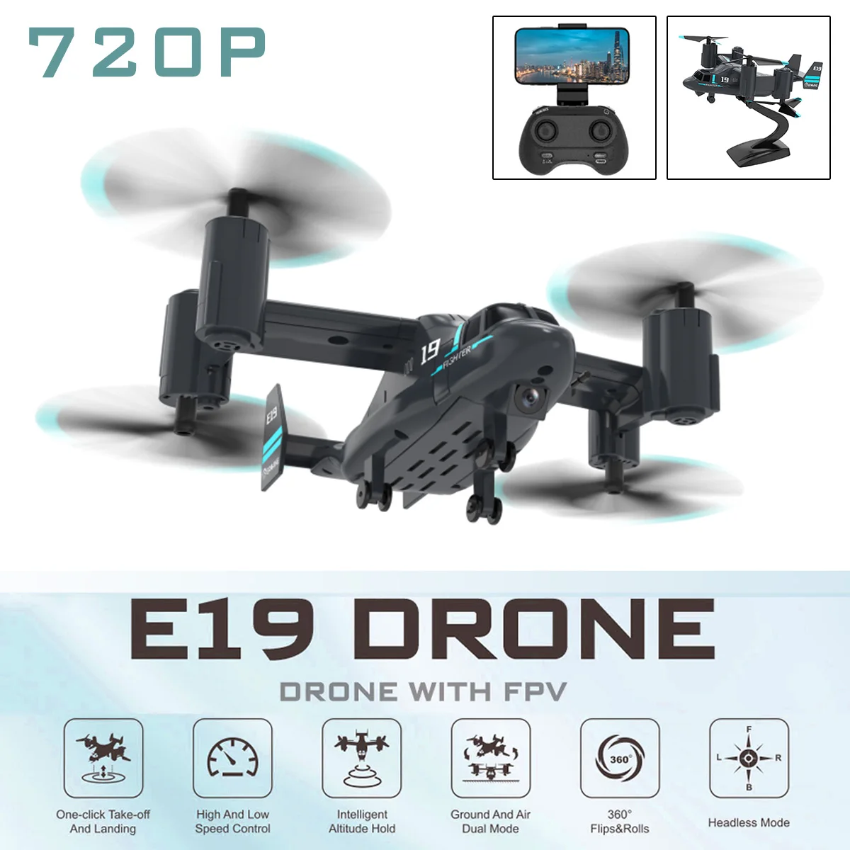 

Eachine E19 2.4Ghz 4CH WIFI FPV with 720P HD 110° Wide-angle Camera Headless Mode RC Drone Quadcopter RTF Children Best Gifts