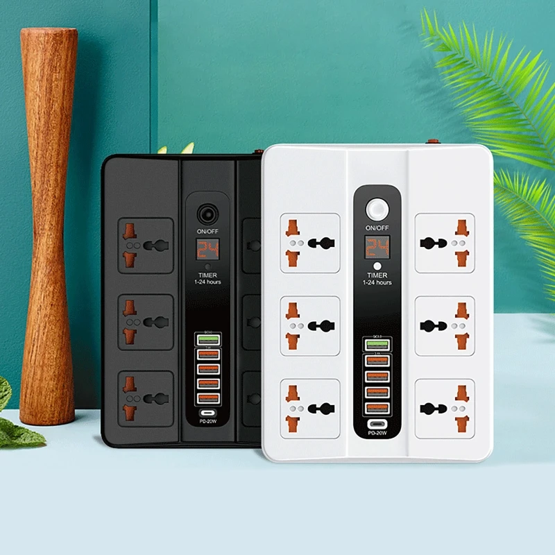 

3000W 6 AC Outlets Power Strip 20W PD QC3.0 USB Fast Charger 6 Ports Type C Quick Charge Station Adapter Universal Socket