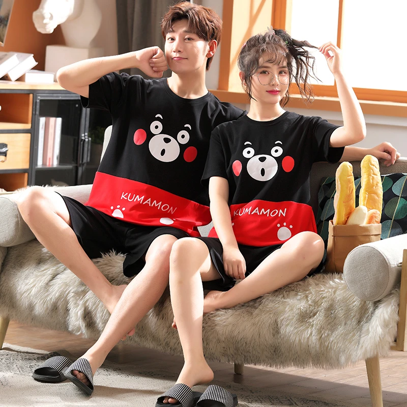 Couple Pajamas Sets Women Pijama Cotton Korean Men Sleepwear Kawaii Cartoon Bear Short Sleeve Lovers Night-Clothes 2PCS Nightwea