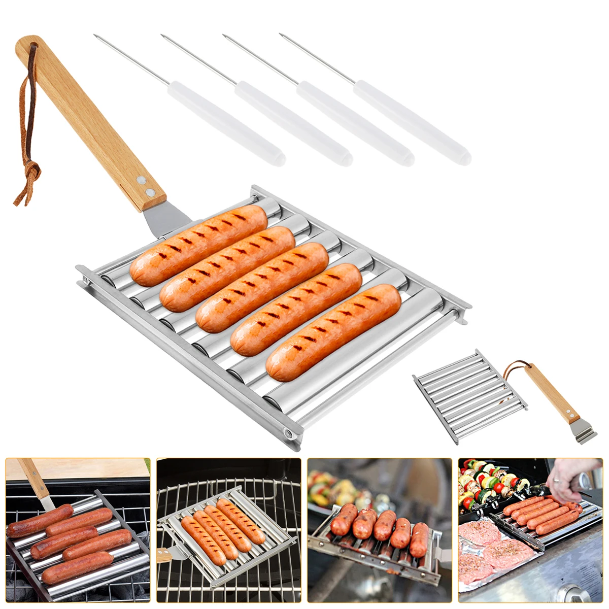 

Hot Dog Roller Portable Sausage Roller Rack with Wood Handle and 4 Sticks Stainless Steel Sausage Roll Griller Detachable BBQ