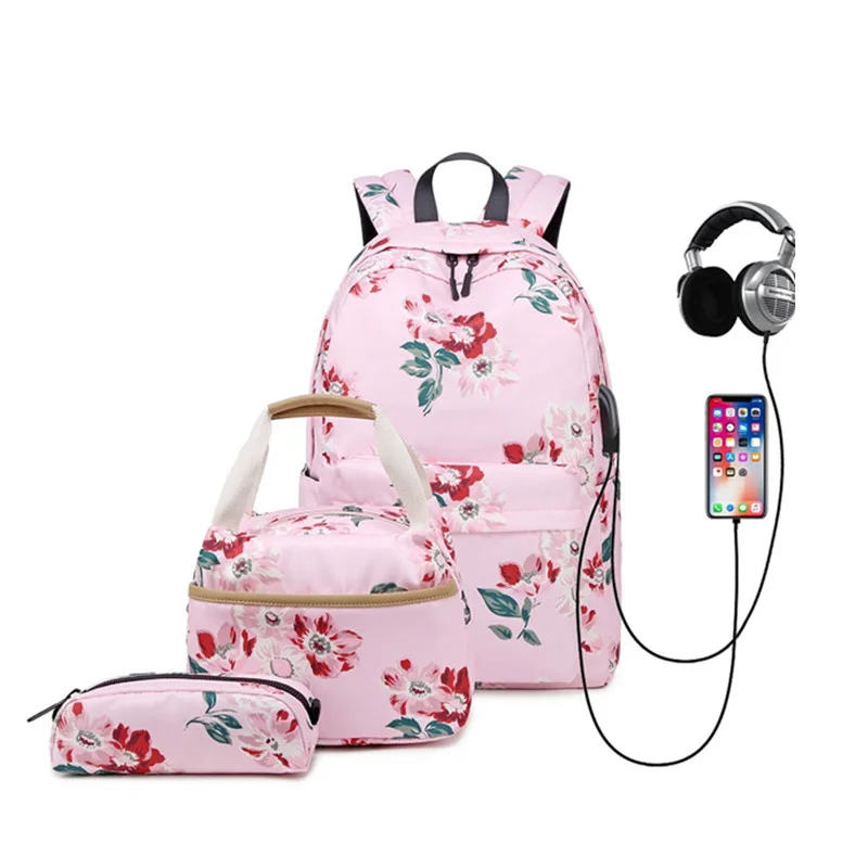 

kids school backpack girls flower food bag set school children pen pencil floral book Christmas gifts for