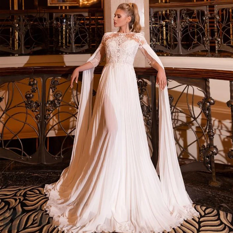 

IOD Princess Cap Sleeves Cloak Wedding Dress Luxurious 3D Lace Appliques Bride Dress Covered Button Vestido De Novia 2023