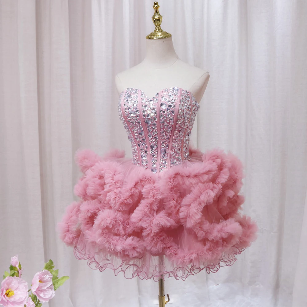 

Fashion Pink Women Ball Dress Strapless V-neck Fluffy Tulle Lace Up Short Dress Birthday Party Banquet Sweet Dress Slim Fitting