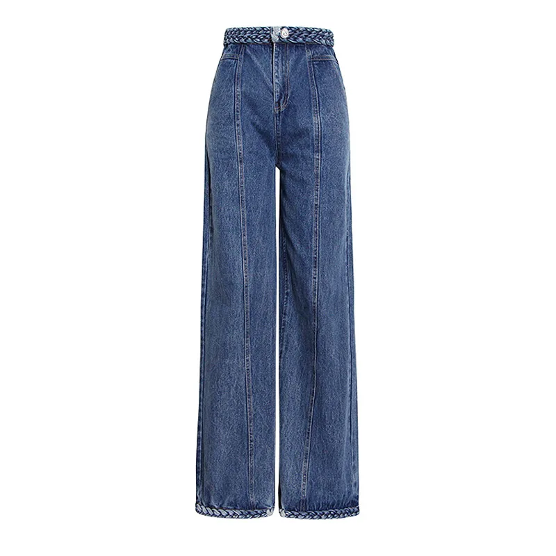 

Women Jeans Spring Streetwear Vintage Loose Stitching Straight Jeans Women Button High Waist Pocket Wide-Leg Jeans Trousers