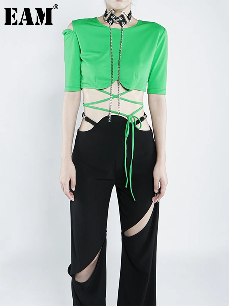 

[EAM] женская зеленая черная облегающая короткая футболка с перекрестными ремешками, новая модная футболка с круглым вырезом и длинными рука...