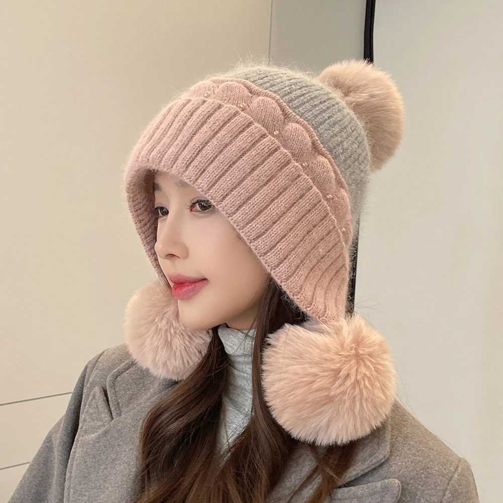 

Новинка, женская зимняя вязаная шапка, плотная Теплая Флисовая шапка с подкладкой, милый помпон для девушек, лыжная шапка-ушанка, Женская об...