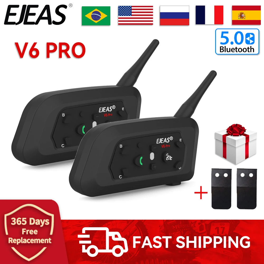 EJEAS V6 Pro 6 Riders Motorcycle Helmet Intercom Bluetooth Headset Full Duplex Communicator with FM Radio Referee Ski Waterproof