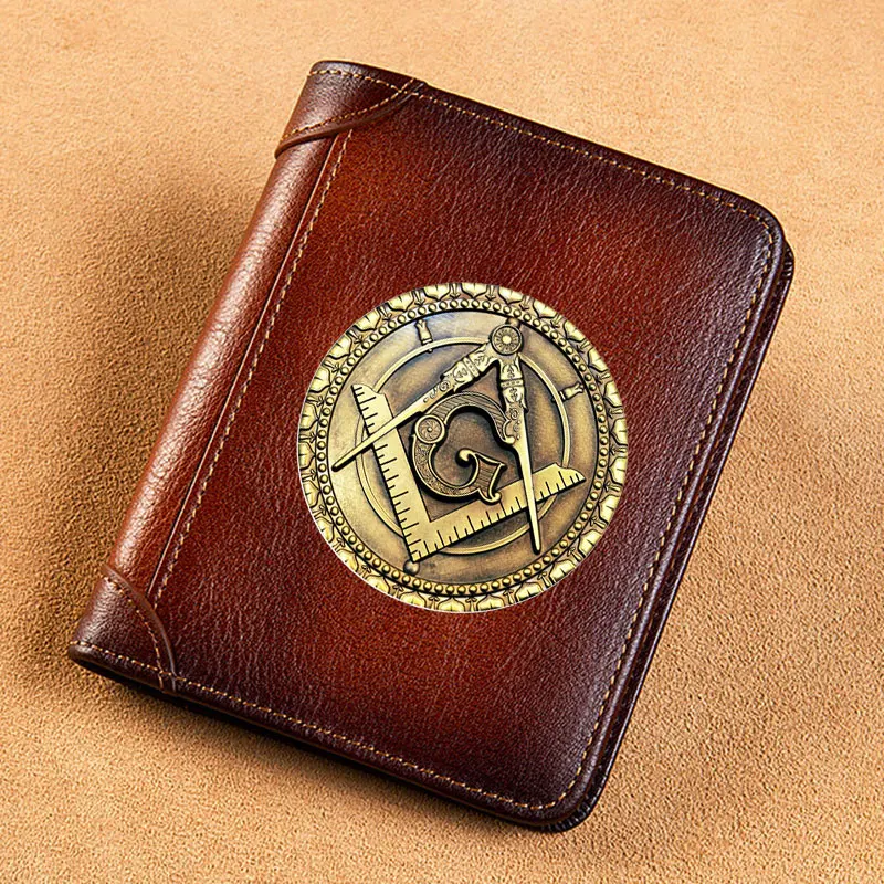 High Quality Genuine Leather Men Wallets Vintage Freemason Symbol Short Card Holder Purse Luxury Brand Male Wallet