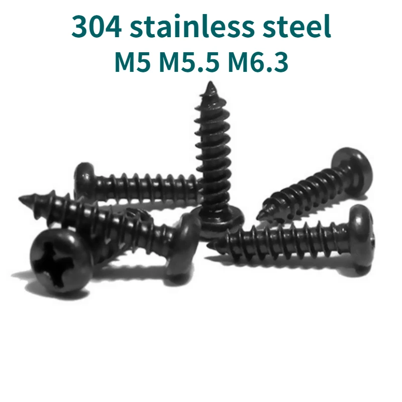 

5/10/20pcs M5 M5.5 M6.3 Black 304 Stainless Steel Cross Phillips Pan Round Head Self Tapping Wood Screw High Quality