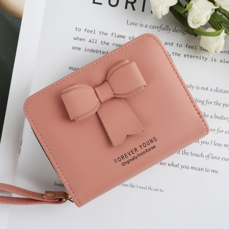 

Korean Women Bowknot PU Leather Short Wallet Female Small Cute Purse Coin Purse Wallet Zipper Purses Girls Lady Purse