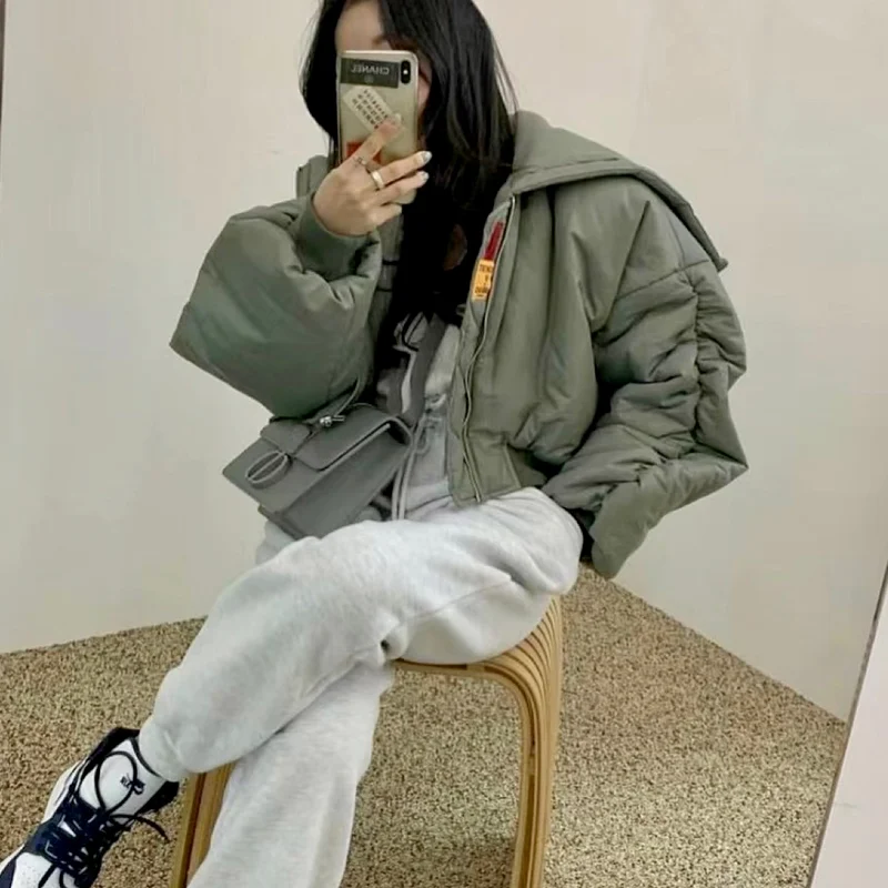 2022 Korean Version of The New Autumn and Winter Zipper Hooded Quilted Jacket Arm Pleated Fashion Casual Cotton Jacket Women