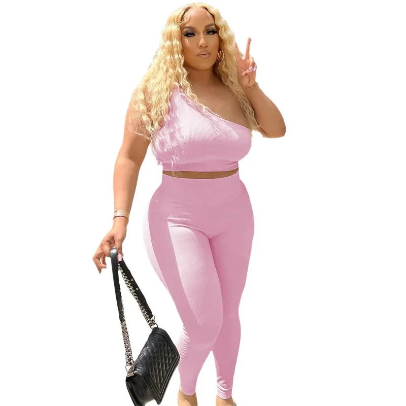 

2023 Summer New Women's Wear Pit Stripe Solid Color One Shoulder Tank Top Long Pants Slim Fit Hip Lifting Sports Set