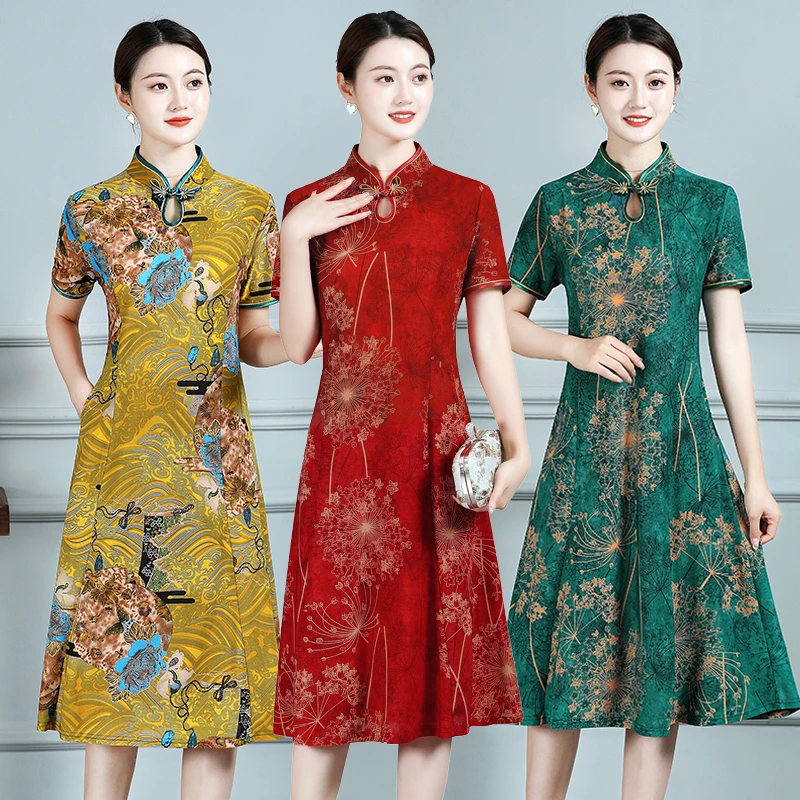 Cheongsam chino elegante para mujer, vestido modificado, Vintage, estampado Floral, cuello mandarín, Qipao femenino, Verano