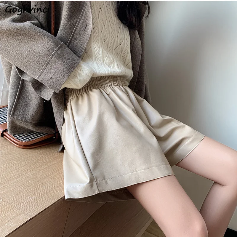 

Шорты женские из ПУ кожи с завышенной талией, простые универсальные Широкие штаны, модные офисные повседневные эластичные свободные в Корейском стиле, на осень