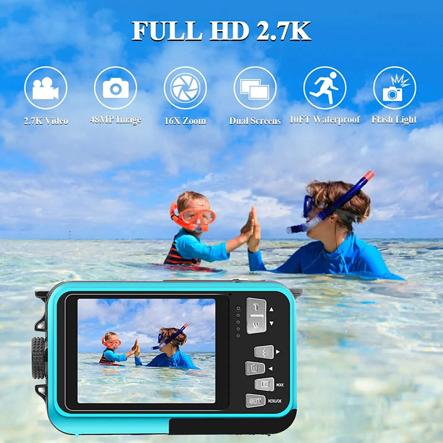 

Водонепроницаемая подводная камера s для подводного плавания Full HD 2,7 K 48MP видеокамера для селфи с двойным экраном 10FT 16X цифровой зум