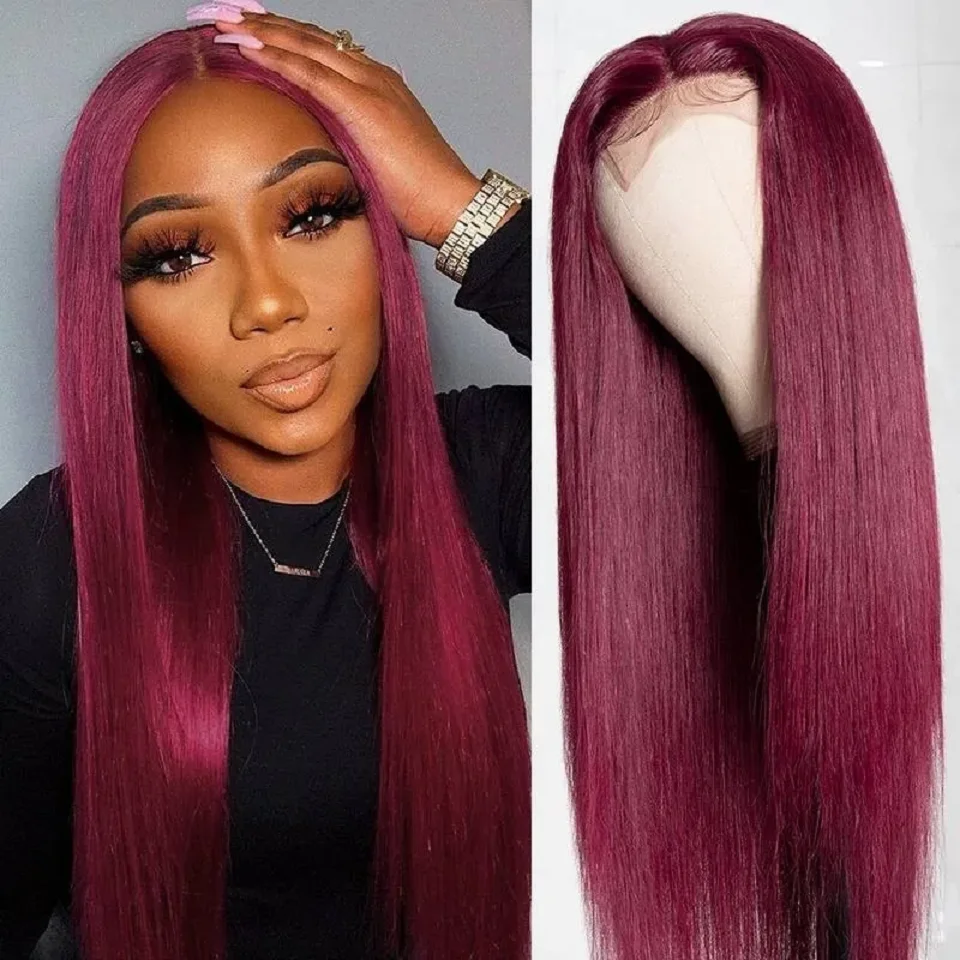 Burgundy Straight Lace Front Human Hair Wigs 99J Colored Human Hair Wig For Black Women Remy Transparent Lace Closure Wig