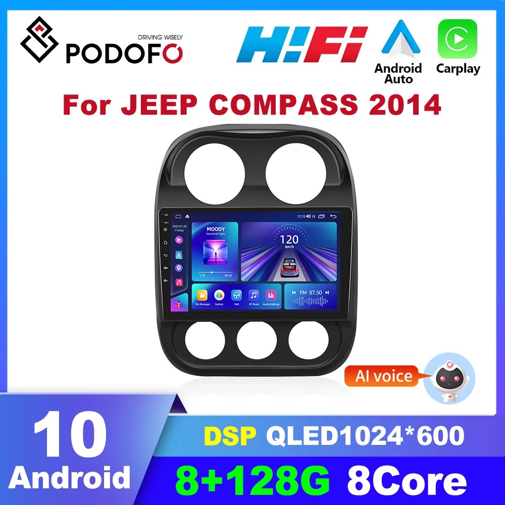 

Автомагнитола Podofo, 2 din, Android, для Jeep Compass 2014, Автомобильный мультимедийный плеер, стерео, аудио, CarPlay, Авторадио, GPS-навигация