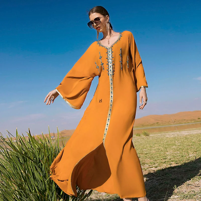 Ramadan Moroccan Kaftan Handsewn Diamonds Dubai Abayas for Women Black Party Evening Long Arabic Dress Muslim Caftan Jalabiya