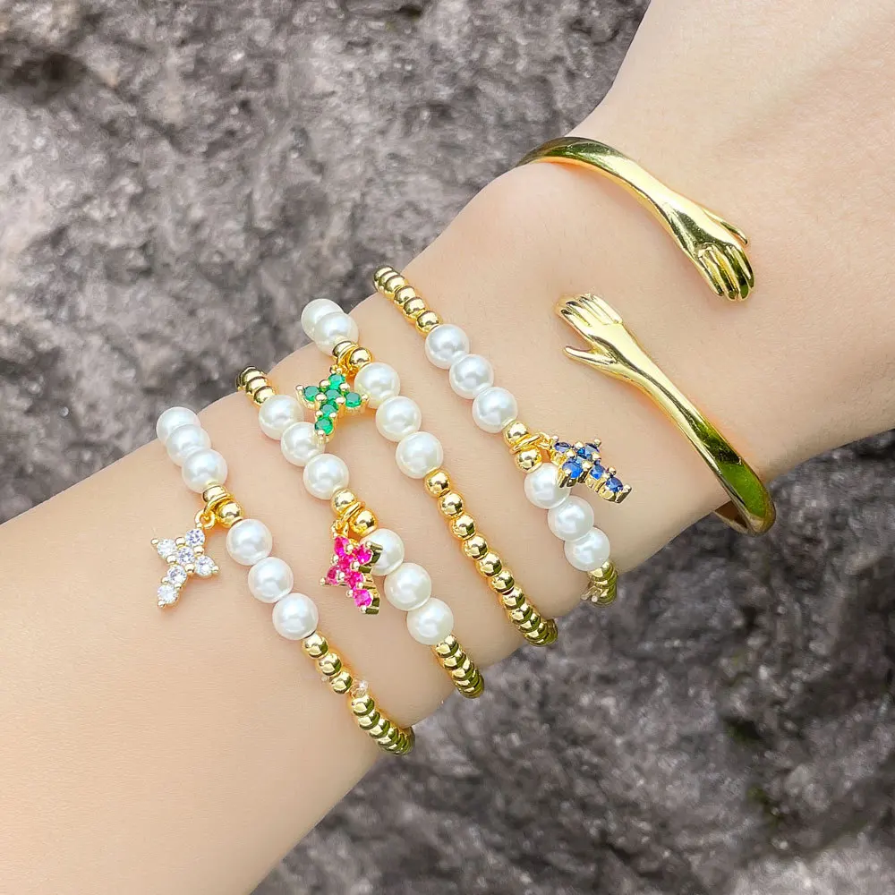 

Temperament Pearl Beaded Bracelet Cross Pendant Hand Accessories Stackable Bracelet Hug Gesture Bangles Fashion Female Jewelry