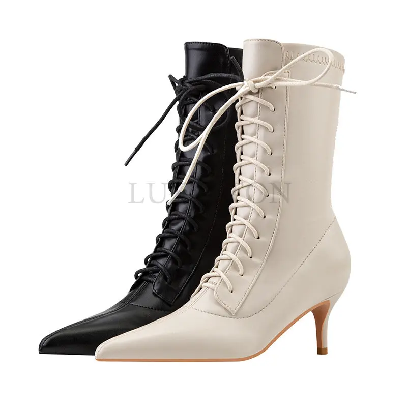 

Luxury Brand Women's Boots Fashion Lace-up Pointed Thin Heels Boots Female Elastic Boots Plus Size 43 Ankle Boots Women