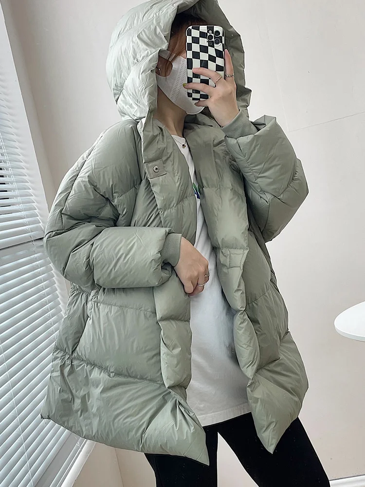 Winter Women 90% White Duck Down Coat Casual Loose Solid Button Jacket Female Hooded Light Down Outwear