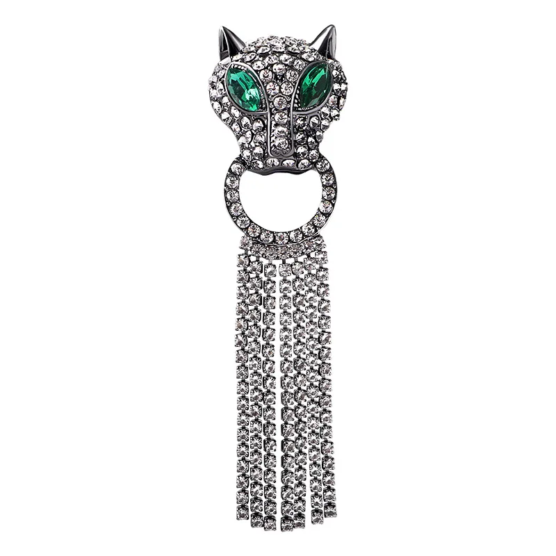 

New Vintage Crystal Leopard Head Long Stripe Tassel Brooch CHeetah Animal Breast Flower Pin Party