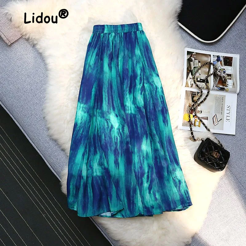 

Pleated Tie Dyed Printed Elastic Waist Skirt Women's New Design Sense Niche A-line Mid Length High Waist Umbrella Skirt Summer