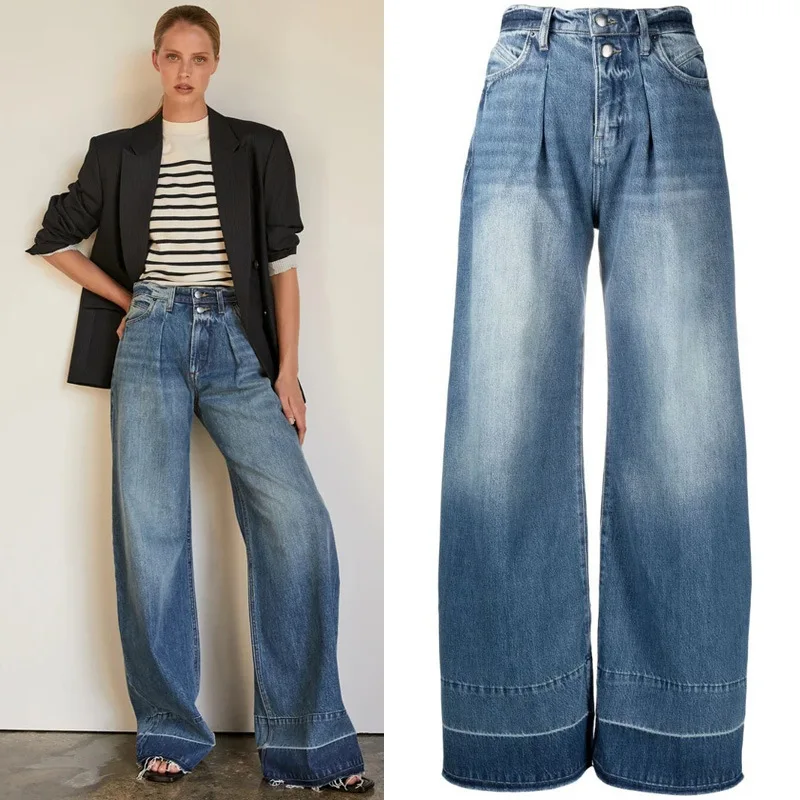 

Джинсы женские с широкими штанинами, брендовые роскошные дизайнерские модные контрастные джинсы с завышенной талией, двойными пуговицами ...