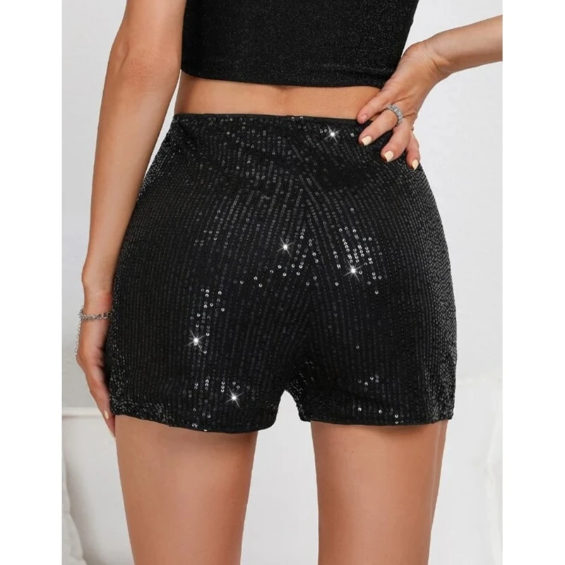 Women Paillette Insgram Style Basic Short-Pant Midi Waist Tie Shining Bodycon Mini A-Line Short Pant Solid Clothing