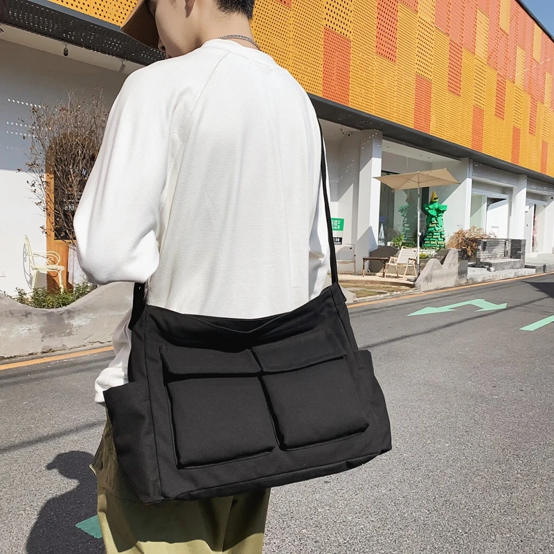 Large Capacity Schoolbag for Student Messenger Bag Canvas Solid Color Simple Shoulder Bags for Women Multi Pocket Handbag Sac