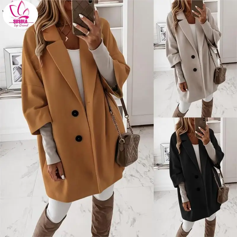 

Vintage Stylish Pockets Oversized Plaid Jacket Coat Women Lady Trend Lapel Collar Long Sleeve Loose Outerwear Chic Tops Khaki