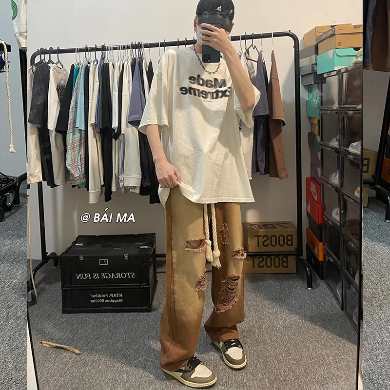 Summer Belt Ripped Jeans Men Fashion Casual Wide Leg Jeans Men Streetwear Loose Hip Hop Straight Denim Pants Mens Trousers S-2XL