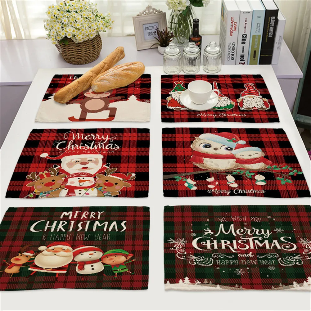 

Merry Christmas Kitchen Decor Placemat Coaster Christmas Snowman Santa Claus Place Mat Pad Dish Coffee Dinner Table Cloth Mats