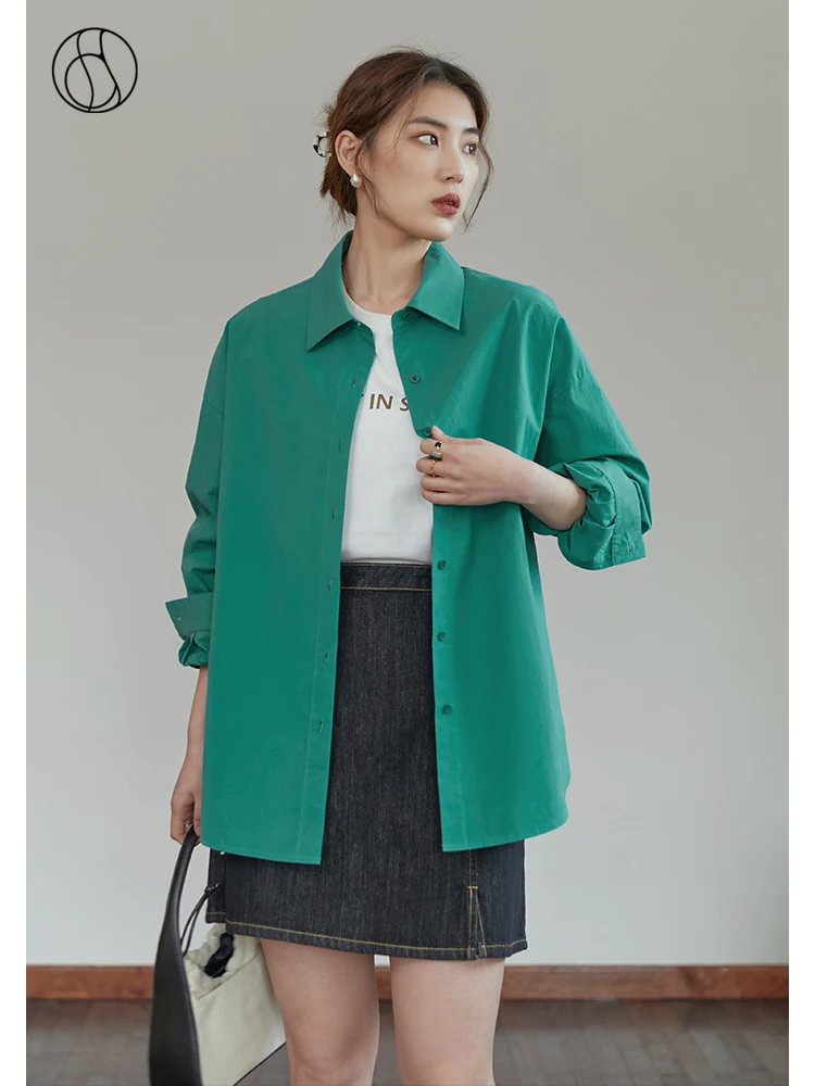 

DUSHU Slightly Fat Lady Turn-down Collar Full Regular Sleeve Blouses Loose Casual Shirts Office Lady Single Breasted Green Shirt