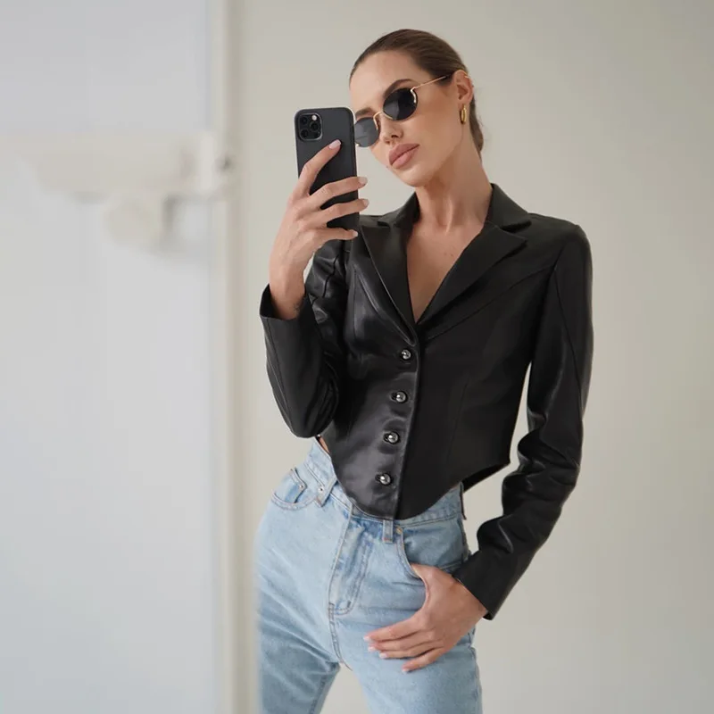 Winter Fashion Trend Women's Long Sleeve Suit Collar Slim Cardigan PU Leather Short Coat V Neck Button Skinny Single Breasted