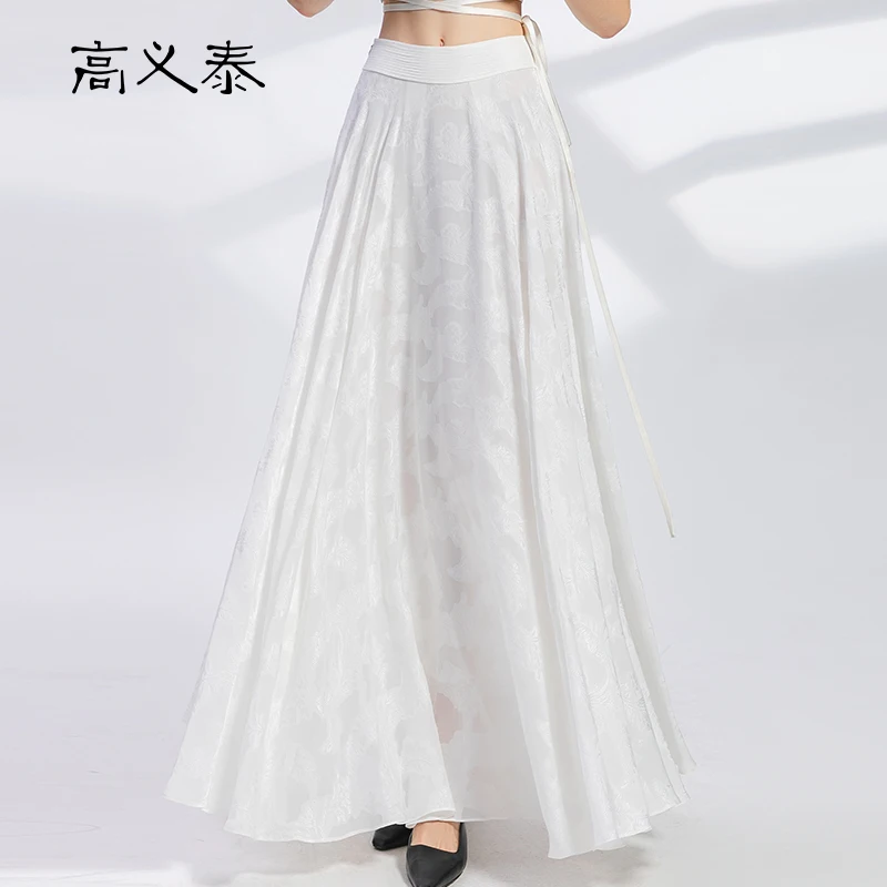 

High End 100% Silk Flocking Jacquard Cascading Design Skirts Womens Natural Waist Soft Elegant Large Hem A-line Long Skirt CY011